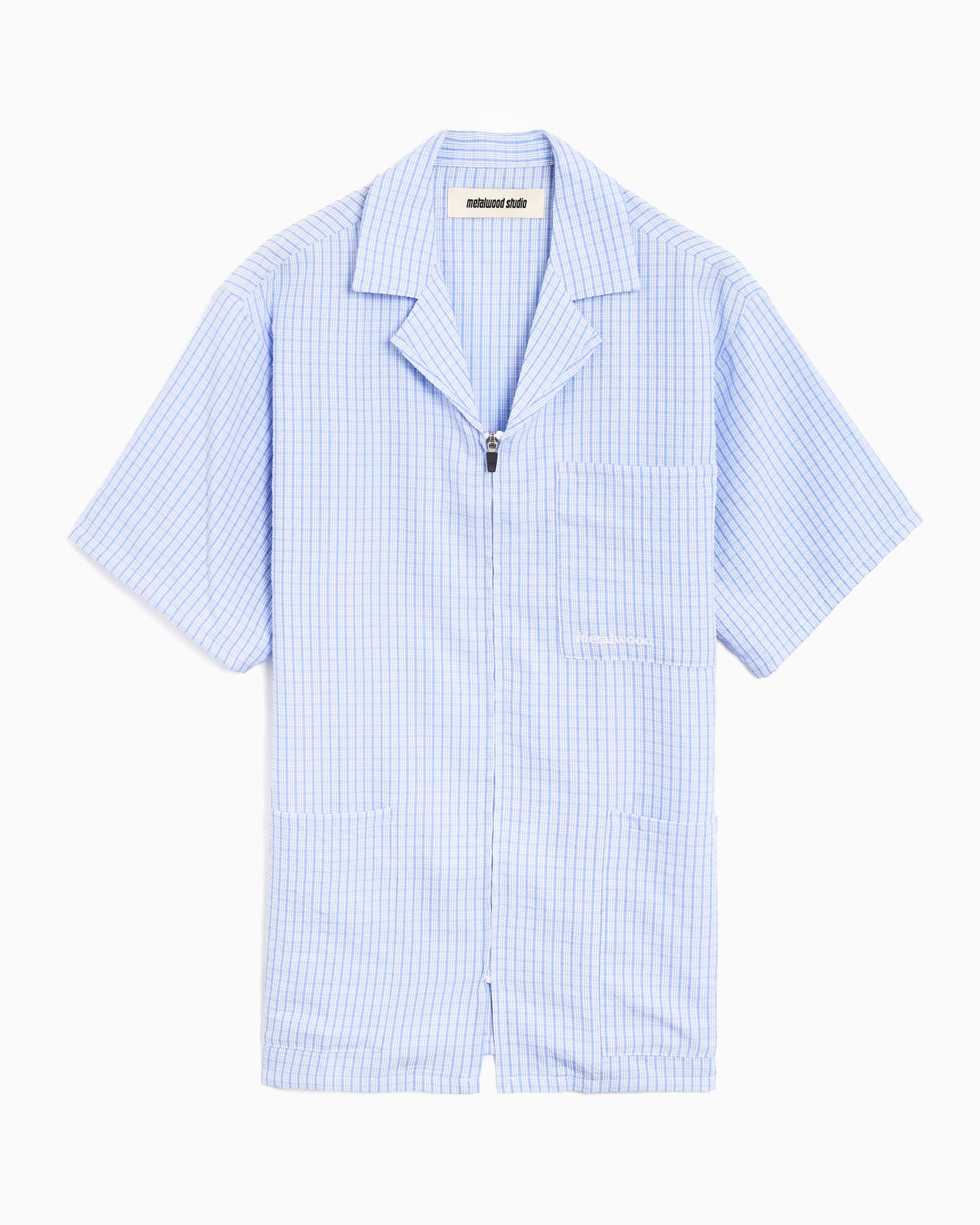 Shirts Metalwood Studio Textured Caddie Plaid Zipper Short-Sleeved Men's Shirt - MWS25-04-07-BLU